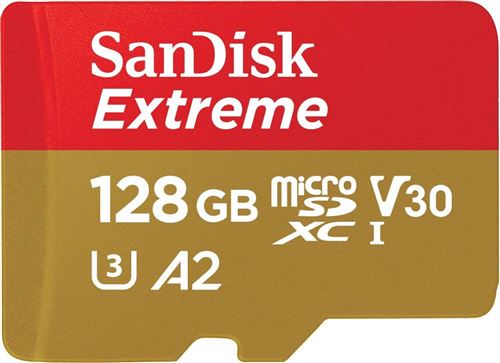 Carte Mémoire microSDXC SanDisk Extreme 128 Go + Adaptateur SD avec Performances Applicatives A2 jusqu'à 160 Mo/s, Classe 10, U3, V3