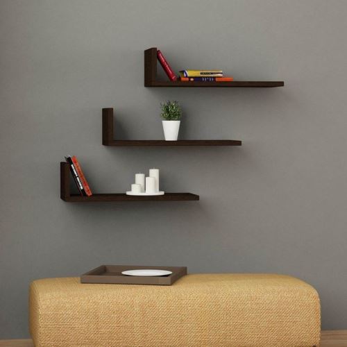 HOMEMANIA Set de 3 Étagères L-Model - Murale Flottantes, pour Livres - pour Séjour, Bureau, Chambre - Wengé en Bois, 40 x 20 x 14 cm