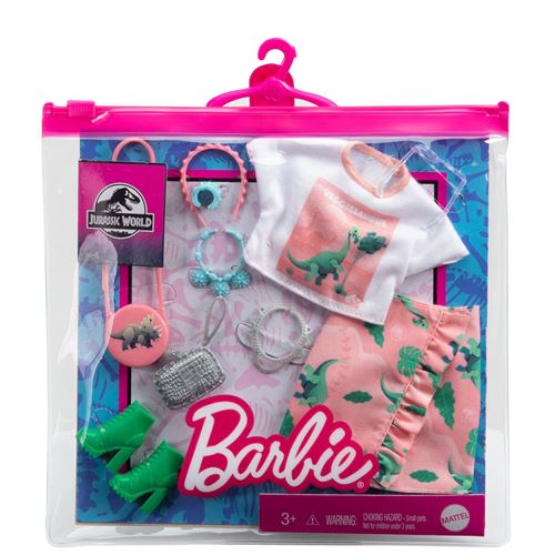 Barbie Fashion Pack thème Jurassic World - GRD64 - Ensemble vêtements comprend une tenue, un sac, des bijoux et des extras amusants