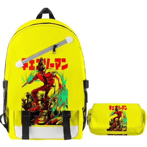 Lot de 2 pièces Sac à Dos, Trousse à crayon Chainsaw Man pour Garçon et Filles (SD3571) Jaune