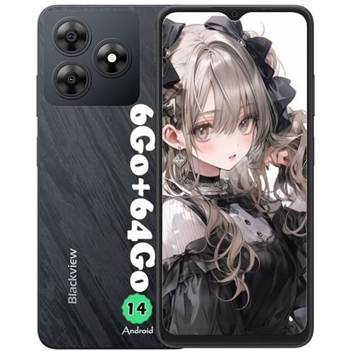 Blackview WAVE 8C Téléphone Portable 6.56 (2+4)Go+64Go/2 To 13MP+8MP 4700mAh Smartphone 4G Dual SIM Android 14,Face ID - Noir