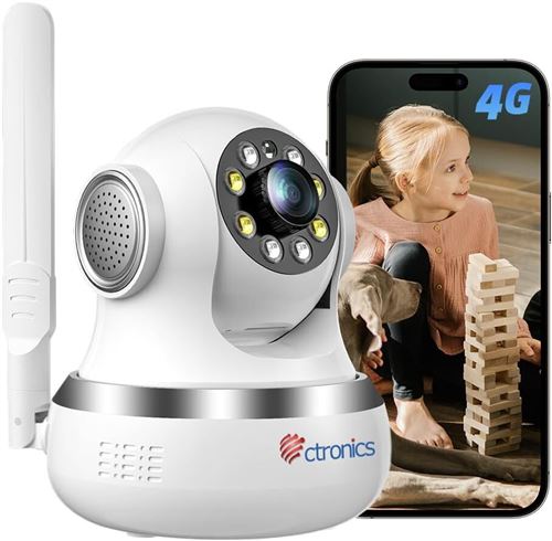 3G/4G LTE Caméra Surveillance Intérieur Ctronics avec Carte SIM 360° PTZ sans Fil Vision Nocturne Couleur Détection Humaine/Mouvement Suivi Automatique Audio Bidirectionnel pour Bébé/Animaux