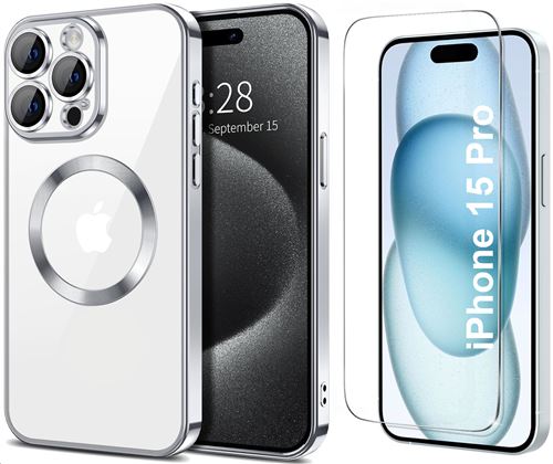 Coque Silicone Pour iPhone 15 Pro Couleur Argent Compatible Magsafe + Verre Trempe Protection Ecran Little Boutik®