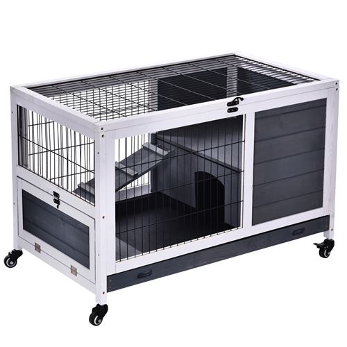 PAWHUT  Clapier Cage &agrave; Lapin sur Roulettes Toit Ouvrant Rampe Tiroir &agrave; D&eacute;jection Amovible 90 x 53 x 59 cm Gris Blanc