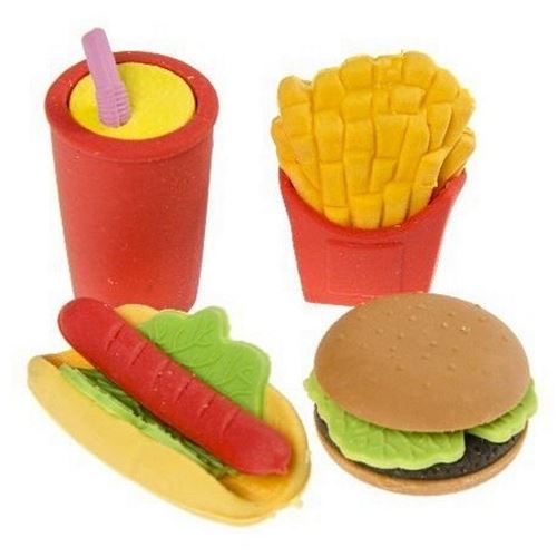 Set 4 Gommes Fast Food Frite Hamburger Hot Dog Soda Papeterie Scolaire