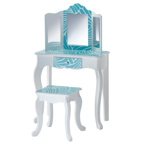 Teamson meuble coiffeuse table de maquillage enfant miroir tabouret bleu blanc