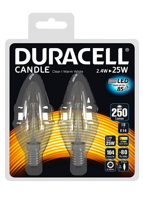 Pack 2 ampoules Duracell LED E14 25 W Flamme filament