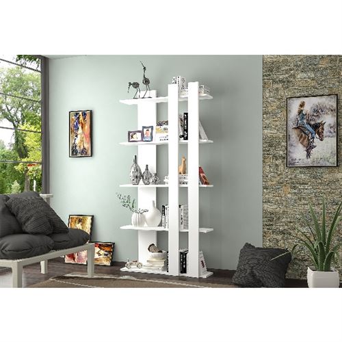 HOMEMANIA Bibliothèque Tiny avec Étagères, Meuble de Rangement - pour Salon, Bureau - Blanc en Bois, 75 x 22 x 150 cm