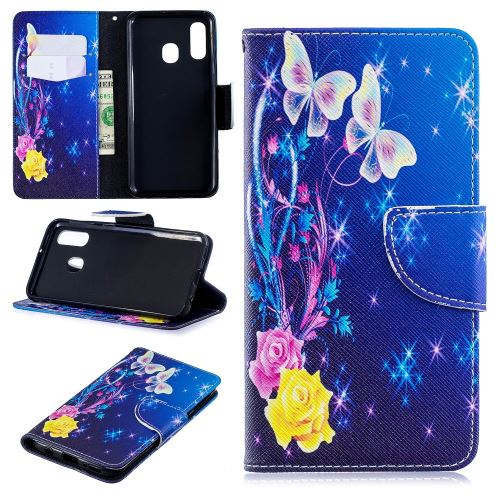 Etui en PU feuille de papier pour l'impression de motifs roses et papillons pour votre Samsung Galaxy A40