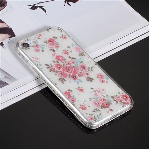 Coque en TPU hybride de strass à motifs floraux fleur rose pour votre Apple iPhone 8/7 4.7 inch