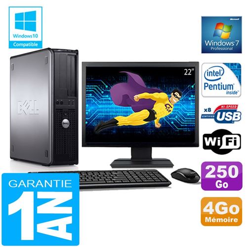 PC Dell 780 Dt Intel E5300 Ram 4Go Disque 250 Go WiFi W7 Ecran 22'