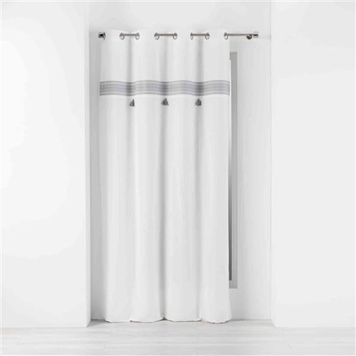 RIDEAU A OEILLETS 140 x 240 CM COTON UNI+TOP BRODE+POMPONS AMAYA GRIS