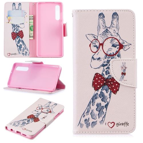 Etui en PU feuille de papier pour l'impression de motifs girafe portant des lunettes pour votre Huawei P30