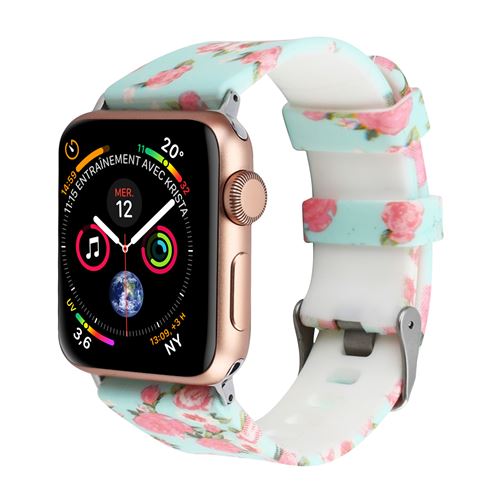 Bracelet Apple Watch 42 et 44 mm Motif Liberty en Silicone - Bleu ciel et Rose