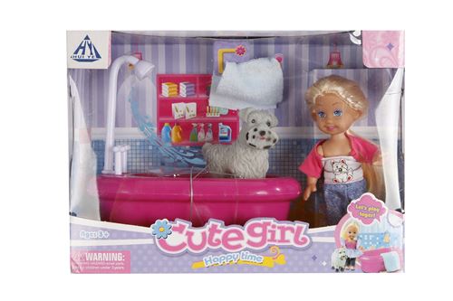 Cute Girl poupée avec chien dans le bain 10 cm 4-pièces