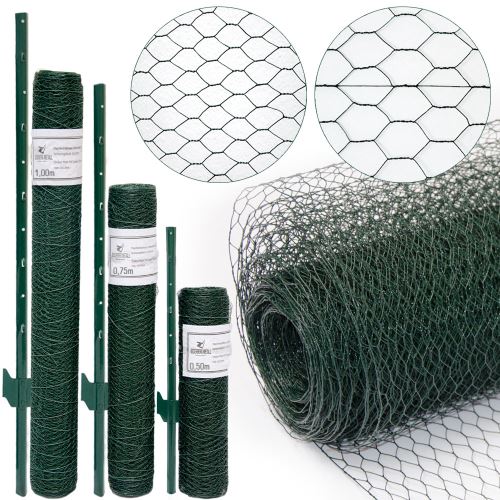 Grillage à mailles hexagonales + Poteaux Rouleau de 25m Hauteur 1m Maillage 13x13mm Incl 20