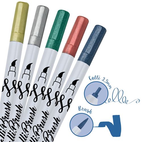 5 Stylos-Pinceaux 1 Pointe Calligraphie et Pointe Pinceau - Couleurs Métalliques