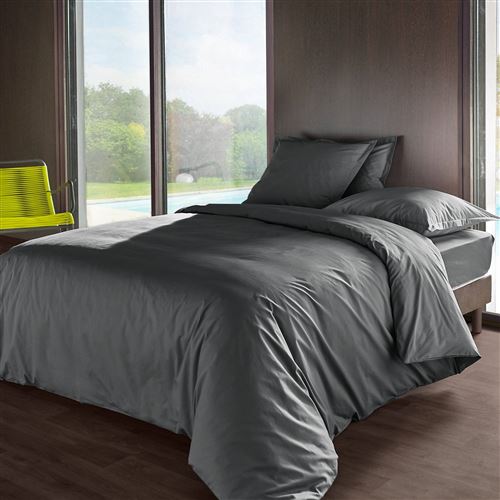 Housse de couette percale M&eacute;line 2 LABELISSIM - Gris Ardoise - 240 x 220 cm