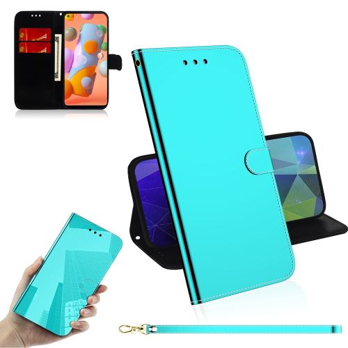 Etui en PU surface miroir avec sangle cyan pour votre Samsung Galaxy A11