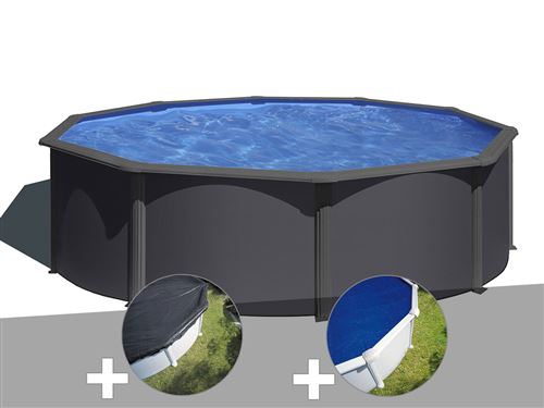 Kit piscine acier gris anthracite Gré Louko ronde 3,70 x 1,22 m + Bâche d'hivernage + Bâche à bulles