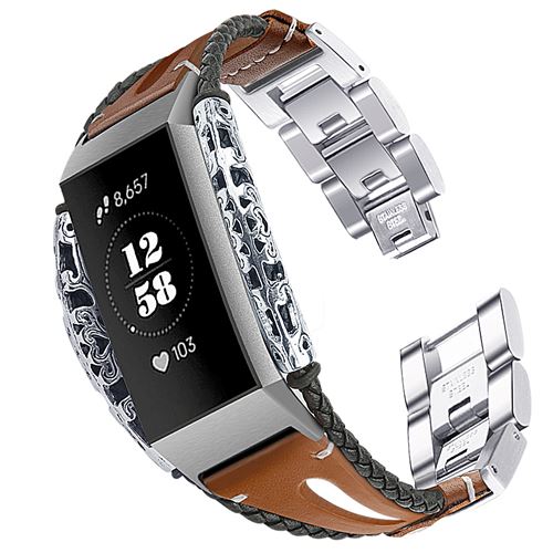 Bracelet en acier inoxydable et cuir élégant pour Fitbit Charge3 / Charge4 - Brun (Taille S)