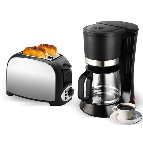 Set petit déjeuner - Grille pain 2 fentes finition inox + Machine à café - 680W - 1.2L