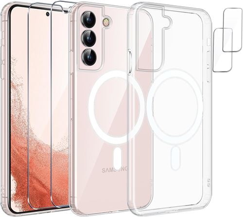 Coque Silicone Transparente Compatible Magsafe + Verres Trempes et Protections Camera Arriere Transparent X2 Pour Samsung Galaxy S22 Plus Little Boutik©