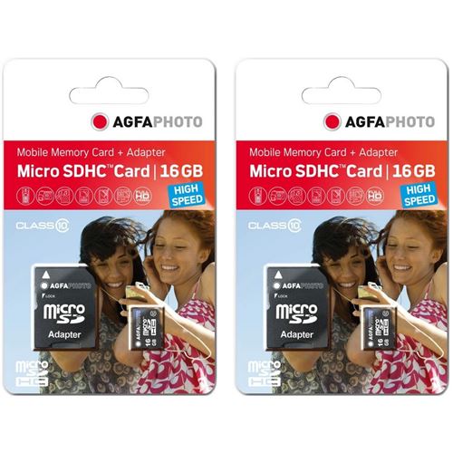 AgfaPhoto Pack 2 cartes memoire microSDHC 10580 - Capacite 16GB + 16GB - Noir