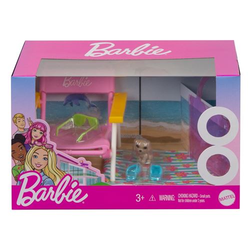 Barbie pack accessoires - Thème de la plage - sac fourre-tout, une chaise de plage, un chiot, serviette, lunettes soleil et claquette