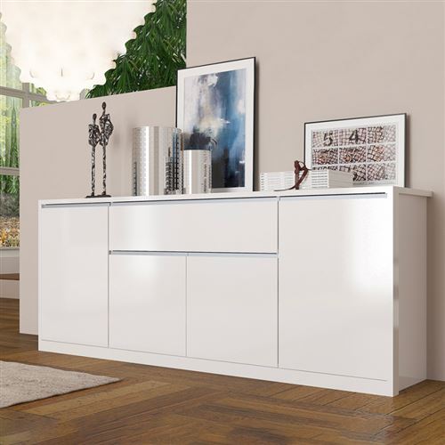 Buffet Blanc Brillant 210cm Tiroir 4 Portes Entrée Salle À Manger Mito