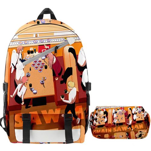 Lot de 2 pièces Sac à Dos, Trousse à crayon Chainsaw Man pour Garçon et Filles (SD3572) Orange