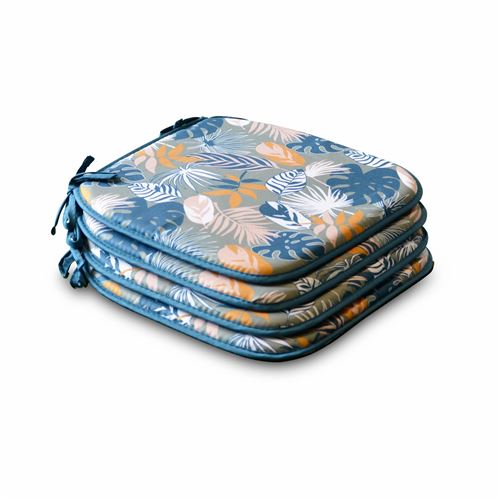 Collection EXOTIQUE - Lot de 4 galettes de chaise – 40 x 40cm – Coussin réversible imprimé exotique/ couleur unie. assise avec fixation à nœuds. bords gansés