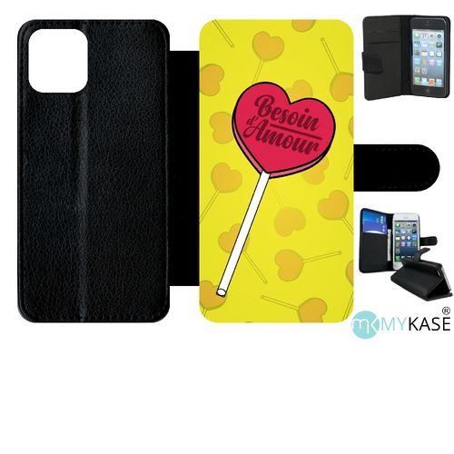 Etui My-Kase pour iPhone 11 Pro - besoin damour fond jaune - Simili-cuir Noir