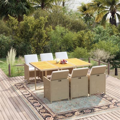 vidaXL Ensemble à manger de jardin et coussins 7 pcs Poly rotin Beige