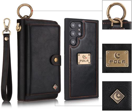 Coque Pour Samsung Galaxy S22 Ultra avec Porte Carte Frusde Magnétique Etui avec Dragonne et Bague-Noir