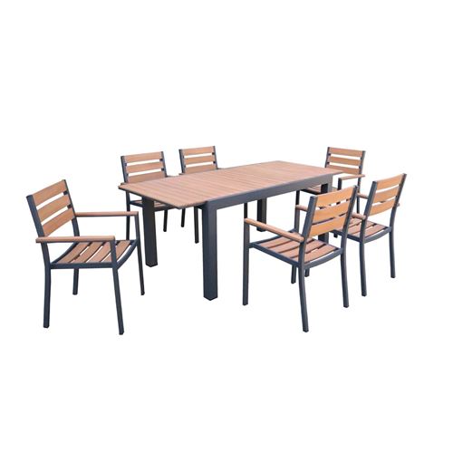 Sweeek Set complet tables de jardin extensible papillon 150/195cm anthracite + 6 fauteuils empilables bois d'eucalyptus et structure aluminium