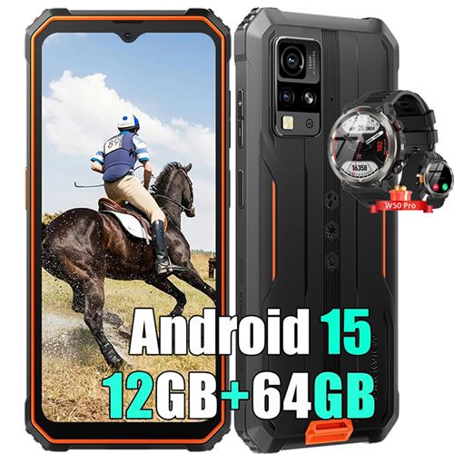 Blackview BV4800 SE Téléphone Portable Incassable,Android 15 Smartphone 12Go+64Go 6.56 Dual SIM 4G Orange avec Smartwatch Blackview W50 Pro