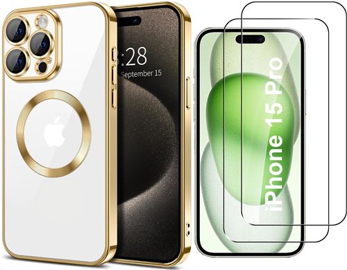 Coque Silicone Pour iPhone 15 Pro Couleur Or Compatible Magsafe + 2 Verres Trempe Protection Ecran Little Boutik®