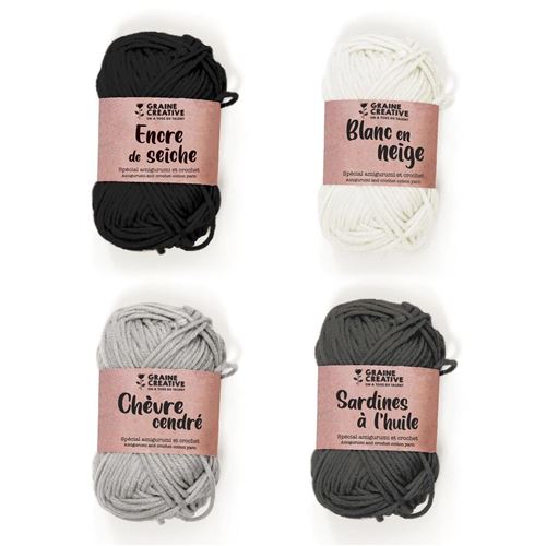 4 fils de coton spécial crochet 55 m - noir-gris foncé-gris-blanc - Graine Créative