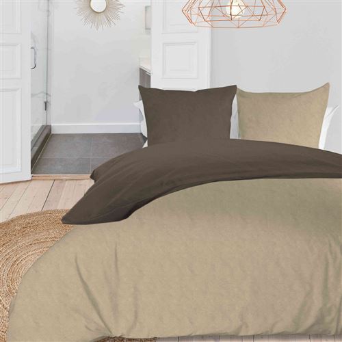 Parure de lit coton lavé bicolore lin/taupe 140x200 cm