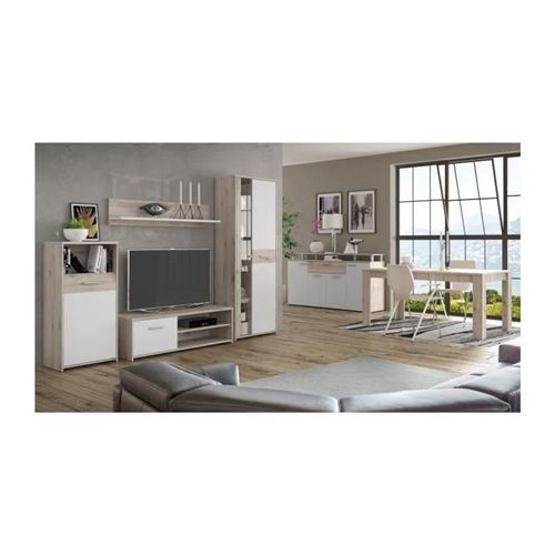 Gulada Ensemble Meuble Tele - Buffet - Table A Manger - Contemporain - Blanc Et Decor Chene