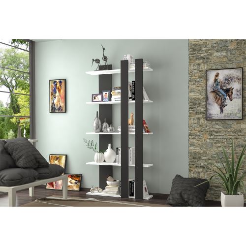 HOMEMANIA Bibliothèque Tiny avec Étagères, Meuble de Rangement - pour Salon, Bureau - Noir, Blanc en Bois, 75 x 22 x 150 cm
