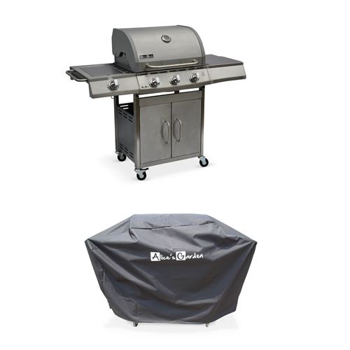 Barbecue gaz inox 14kW – Richelieu inox – Barbecue 4 brûleurs dont 1 feu latéral côté grill et côté plancha housse de protection incluse