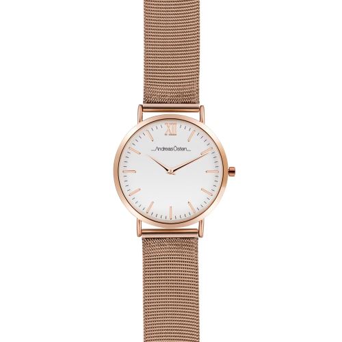 Montre Femme Andreas Osten Cadran 36mm En Acier Blanc Et Bracelet Rose Doré En Maille AO-135