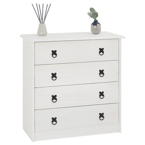 Commode en pin RESIDENCIA, 4 tiroirs en pin massif lasuré blanc