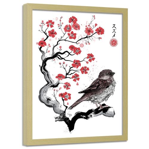 Feeby Tableau moderne Image encadrée déco cadre mural nature, Moineau sur ceriser japonais 40x60 cm