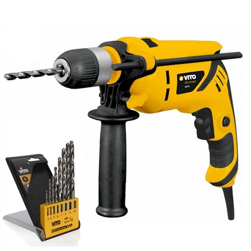 Perceuse à percussion 850W VITO + Forets Acier 8 pièces Mandrin 13mm auto serrant Poignée SOFT GRIP