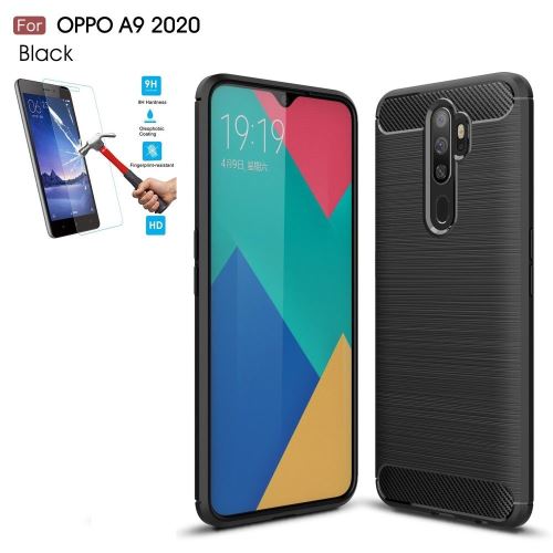 Coque Oppo A9 2020 / A11x Carbone Noir Avec Film Verre Trempé Housse Etui En Silicone Gel Souple hfs-house®
