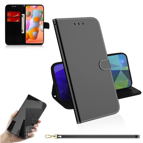 Etui en PU surface miroir avec sangle noir pour votre Samsung Galaxy A11
