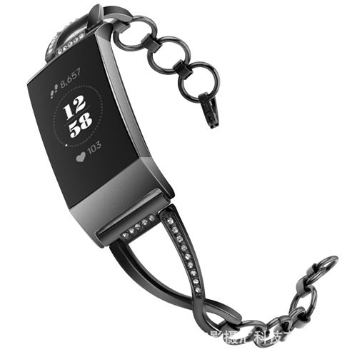 Bracelet en metal exquis élégant pour Fitbit Charge3 / Charge4 - Noir (Taille L)